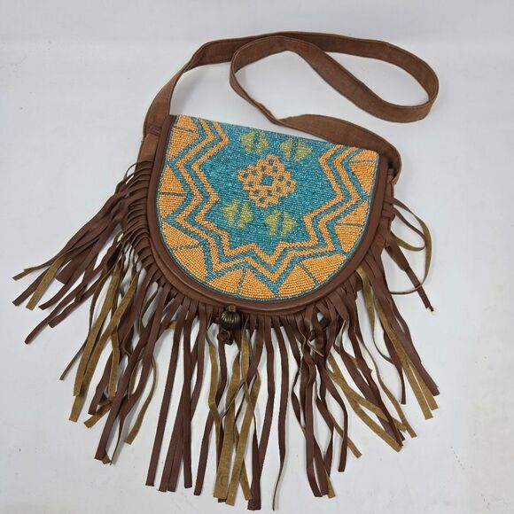 Earthbound Trading Brown Canvas Beaded Pleather Fringed Crossbody Bag - Picture 1 of 14